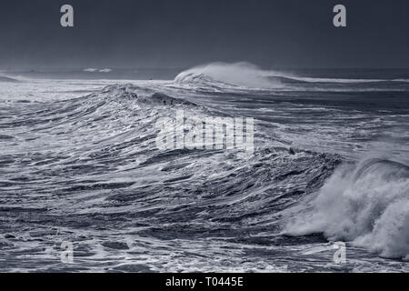 Les grandes vagues de tempête approche de la côte portugaise. Tons bleu. Banque D'Images