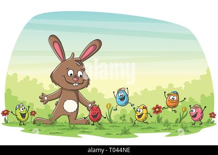 Carte greating Cartoon Joyeuses Pâques avec le lapin et les œufs. Illustration de Vecteur