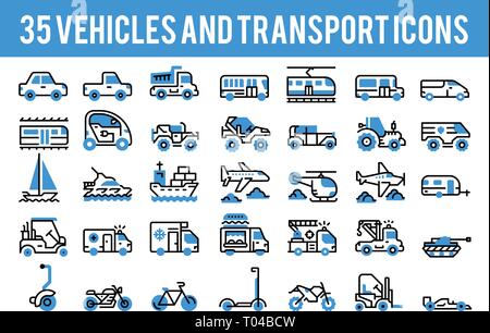 35 transport et véhicule des icônes et symboles signe unicolores. L'icône parfaite des pixels sur base de 64px Illustration de Vecteur