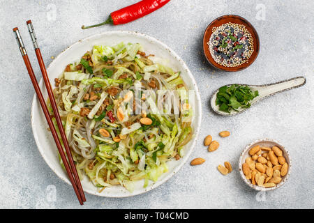 Plat de verre amidon chinois nouilles (riz, pommes de terre, haricots) avec de la viande de porc (ou de boeuf), Laitue, Concombres, cucumbersoy, sauce gingembre, sésame, coriandre, Banque D'Images