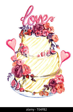 Gâteau de mariage avec des roses, coeurs et mot amour sur le dessus, peinte à l'aquarelle illustration isolé sur fond blanc Banque D'Images