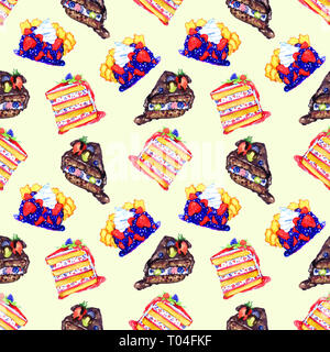 Les différents gâteaux et tartes aux fruits rouges, coupées en tranches, peinte à l'aquarelle illustration avec inscription, pattern design transparente sur les yellowbackgro Banque D'Images