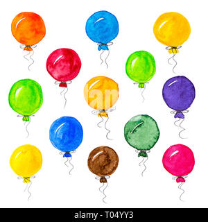 Ensemble de ballons colorés aquarelle sur fond blanc Banque D'Images