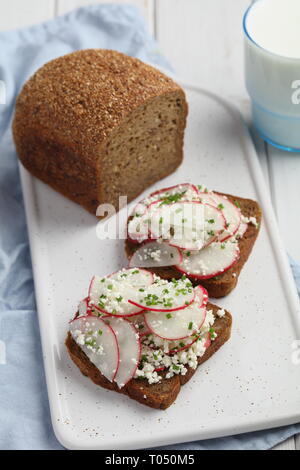 Kanapki, Polonais sandwiches avec radis, fromage cottage, et la ciboulette Banque D'Images