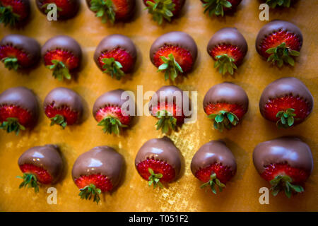 Feu de nombreuses fraises enrobées de chocolat noir pour la Saint-Valentin dans une rangée close up Banque D'Images