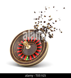 Le rendu 3D de la roulette de casino brisant en petits morceaux isolé sur fond blanc. Banque D'Images