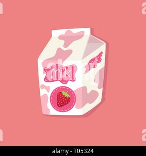 Carton d'emballage de lait aromatisé à la fraise tachetée sur fond rose Vector Illustration Illustration de Vecteur