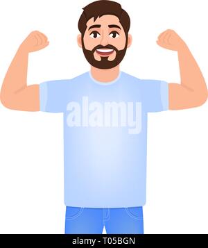 Montre homme barbu biceps sur ses mains, jeune homme pratique un sport, personnage de cartoon style Illustration de Vecteur