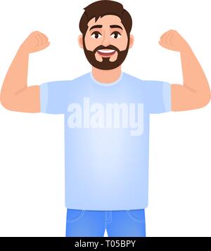 Montre homme barbu biceps sur ses mains, jeune homme pratique un sport, personnage de cartoon style Illustration de Vecteur