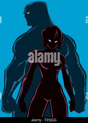 Super héros couple Back to Back silhouettes Illustration de Vecteur