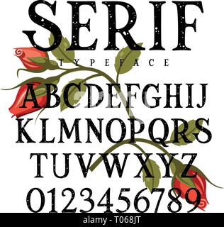 Grunge textured serif. Vector fait main alphabet de roses rouges comme décoration. Utilisation pour t-shirts, affiches et autres usages Illustration de Vecteur