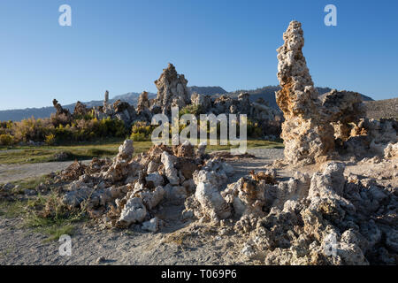 Deux groupes distincts de formations de tuf contre le ciel bleu dans le Sud, région de tuf lac Mono, Mono County, Californie, Amérique Latine Banque D'Images