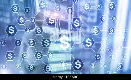 Dollars icônes, de l'argent, la structure de réseau. ICO, le commerce et l'investissement. Crowdfunding. Banque D'Images
