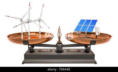 Concept de l'équilibre, les panneaux solaires ou les éoliennes. Le rendu 3D isolé sur fond blanc Banque D'Images