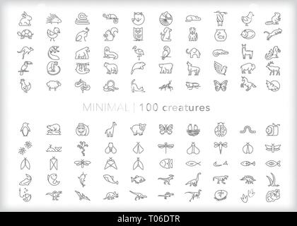 Ensemble de 100 icônes de ligne d'animaux d'origine animale, les animaux de zoo, les animaux de ferme, animaux de safari, les poissons, les reptiles, les mammifères, les dinosaures, les insectes, des bugs et critters Illustration de Vecteur