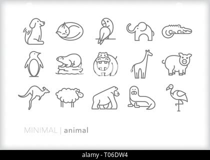 Ensemble de 15 icônes de ligne animal animaux de zoo, les animaux de ferme et animaux domestiques communs Illustration de Vecteur