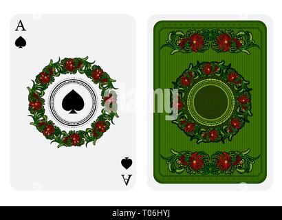 As de pique face avec pique au centre du motif à fleurs couleur cadre rond et dos avec motif floral sur costume vert. Modèle de carte de vecteur Illustration de Vecteur