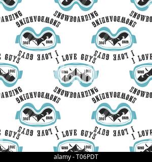 Motif de fond snowboard. Conception sans couture hiver ski snowboard avec masque, montagnes et citer - J'aime les gars qui aiment le snowboard. Typographie Illustration de Vecteur