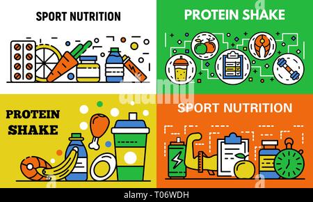 Nutrition sportive banner set style du contour, Illustration de Vecteur