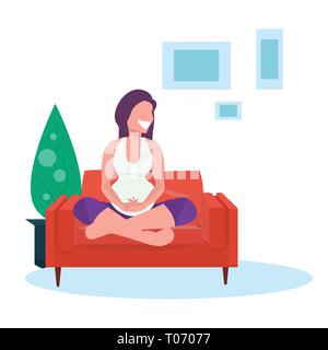 Happy pregnant woman sitting lotus posent sur la grossesse et la maternité de la table télévision concept intérieur salon pleine longueur Illustration de Vecteur