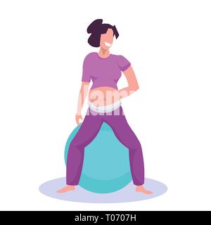 Jeune femme enceinte assise sur des exercices avec ballon de gymnastique girl working out fitball grossesse fitness concept de vie sain femme cartoon Illustration de Vecteur