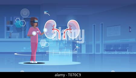 Femme Médecin Infirmière portant des lunettes numériques à la réalité virtuelle reins organe humain anatomie médicale santé vision casque vr concept clinic Illustration de Vecteur