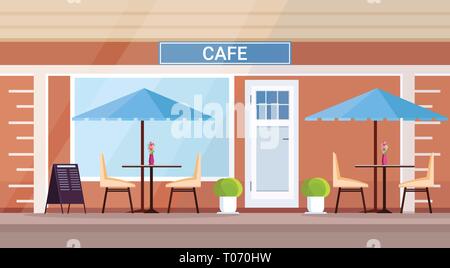 Été moderne café shop vide extérieur aucun peuple street restaurant terrasse piscine cafétéria plate horizontale Illustration de Vecteur