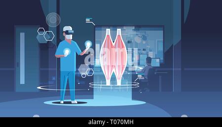 Médecin homme portant des lunettes numériques à la réalité virtuelle d'organes musculaires anatomie médicale soins casque vr concept vision d'exploitation de l'hôpital Illustration de Vecteur