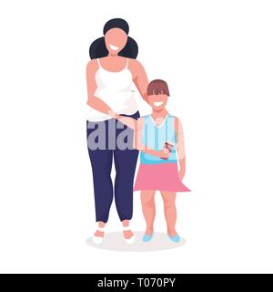 L'excès de petite fille avec mère obèse gras sur la famille taille woman Standing together de vie malsain concept femme cartoon Illustration de Vecteur