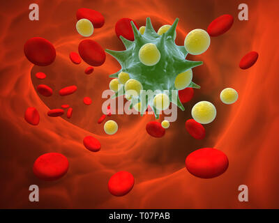 Les érythrocytes et les leucocytes attaquent le virus pathogène. Om isolés fond noir. 3D render Banque D'Images