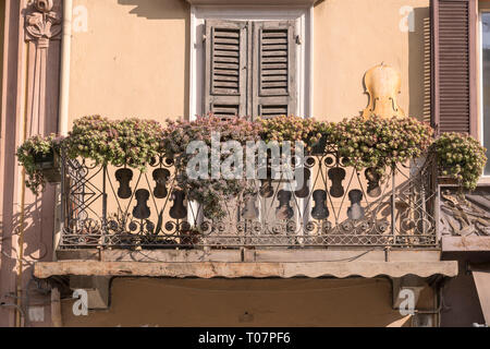 Les fleurs et les formes sur le violon de fer en fer forgé d'art du vieux balcon en centre-ville, tourné en hiver la lumière à Crémone, en Lombardie, Italie Banque D'Images