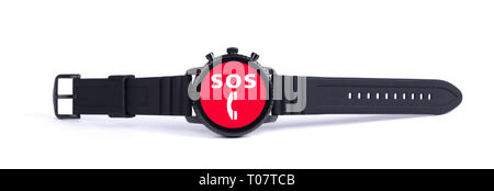 Smartwatch noir isolé sur un fond blanc, SOS Banque D'Images