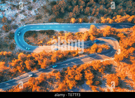 Vue aérienne de route sinueuse dans la forêt d'automne au coucher du soleil dans les montagnes. Vue de dessus de belle chaussée asphaltée et d'orangers. Autoroute à travers le woodl Banque D'Images