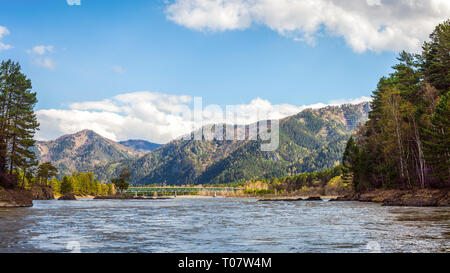 Vue panoramique sur la rivière de montagne avec pont en face des montagnes, parc national en République de l'Altaï. Banque D'Images