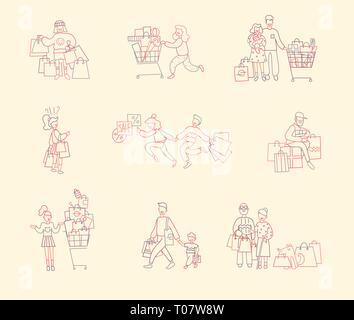 Ensemble de personnes avec des achats à faire du shopping. Ligne mince modèle plat, illustrations vectorielles. Illustration de Vecteur