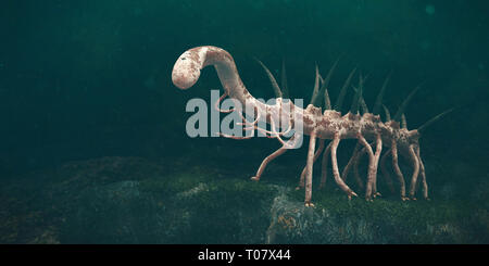 Hallucigenia, des animaux aquatiques préhistoriques de la période cambrienne (illustration 3d paleoart) Banque D'Images