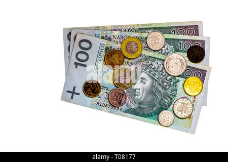 100 zlotys factures et pièces en Pologne groszy. Papier monnaie polonaise une centaine d'argent isolé sur fond blanc, vue du dessus Banque D'Images