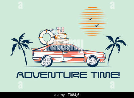Voiture roulant illustration en rétro des années 80 style. Voyage Automobile concept. Véhicule ancien, de palmiers et de soleil Banque D'Images
