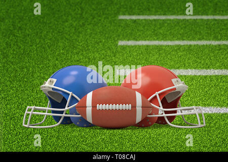 Le rendu 3D de balle pour le football américain en face de deux casques gisant sur champ vert. Banque D'Images