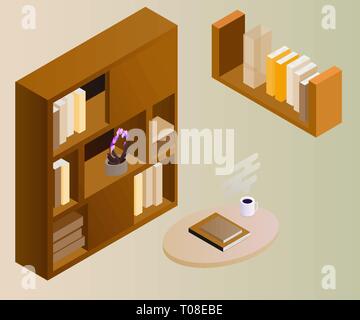 Bibliothèque isométrique isolé sur fond. 3d étagères remplies de livres. Vector illustration Illustration de Vecteur