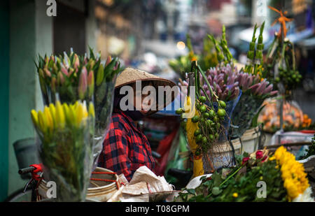 Marchande de fleurs à Hanoi old market Banque D'Images