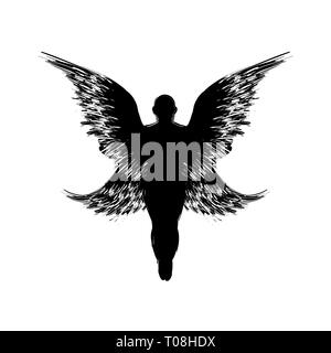 Grunge noir silhouettes avec ailes personne isolé sur fond blanc Illustration de Vecteur