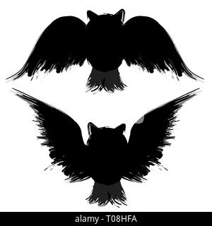 Grunge Black ink silhouettes chouettes ensemble isolé sur fond blanc Illustration de Vecteur