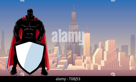 Super-héros tenant Shield dans City Silhouette Illustration de Vecteur