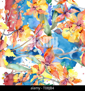 Branche d'orchidée jaune. Botanique fleurs fleurs. Contexte aquarelle illustration set. Motif de fond transparent. Banque D'Images