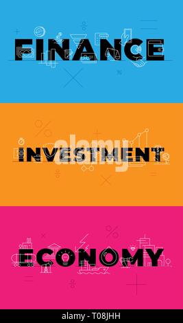 Financer l'investissement économie sur fond rose orange bleu. Visualisation conceptuelle des mots. Contours vector icons set. Gestion financière inscription paiement Illustration de Vecteur