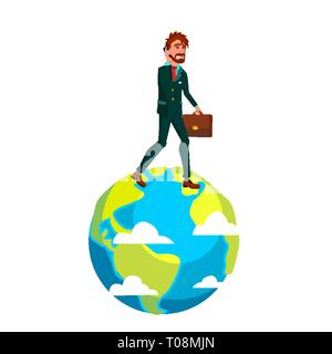 Businessman With Suitcase Walking sur haut de Terre télévision Cartoon Vector Illustration Illustration de Vecteur