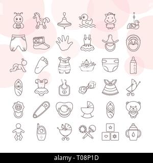 Ensemble de jouets pour bébés et des vêtements icon set isolé sur un fond blanc. Icon Set en dessin de style plat. Divers jouets pour enfants. Logo baby shop. Illustration de Vecteur