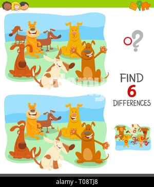 Cartoon Illustration de trouver six différences entre les photos, jeu éducatif pour enfants avec des chiens heureux Illustration de Vecteur