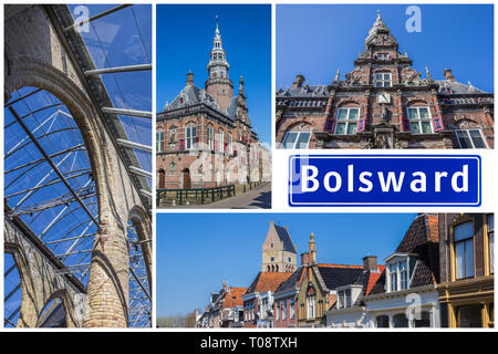 Collage de sites intéressants dans la ville frisonne de Bolsward, Pays-Bas Banque D'Images